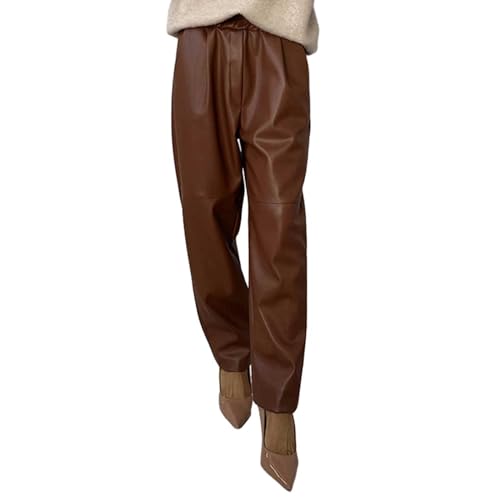 KBOPLEMQ Lederhose Damen Baggy Y2K Weite Hosen High Waist Lange Lederimitat Hose PU Schlaghose Cargohose Lederoptik Freizeithose von KBOPLEMQ