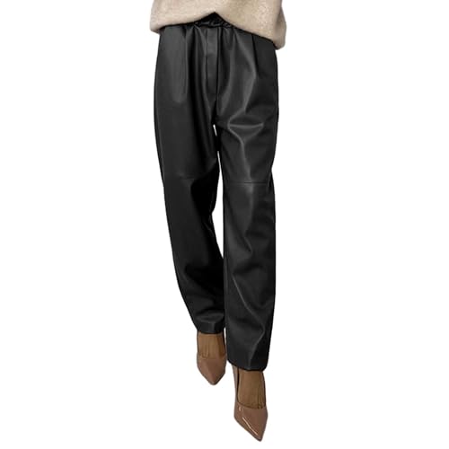 KBOPLEMQ Lederhose Damen Baggy Y2K Weite Hosen High Waist Lange Lederimitat Hose PU Schlaghose Cargohose Lederoptik Freizeithose von KBOPLEMQ