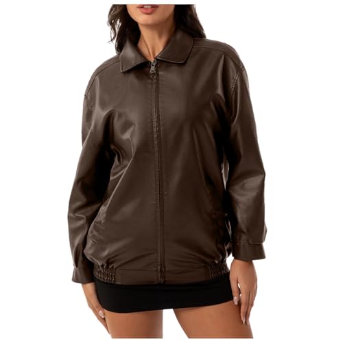 Lederjacke Damen Oversized Bomber Jacke Outwear Leather Vintage Jeansjacke Blazer Knopfleiste Oversize Jacke Streetwear Lang Kunstleder Motorrad Bikerjacke PU Leder Herbst Mantel von KBOPLEMQ