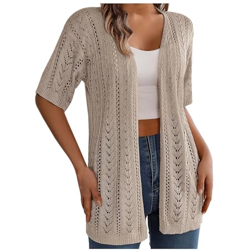 KBOPLEMQ Leichte Damen-Strickjacke Gehäkelt Vorne Offen Kurzarm Sommer Cardigan Sonnenschutzjacke Strand Cover Up Kimono Casual Strickmantel Elegant Strick Bolero Mantel Lightweight Shirt von KBOPLEMQ