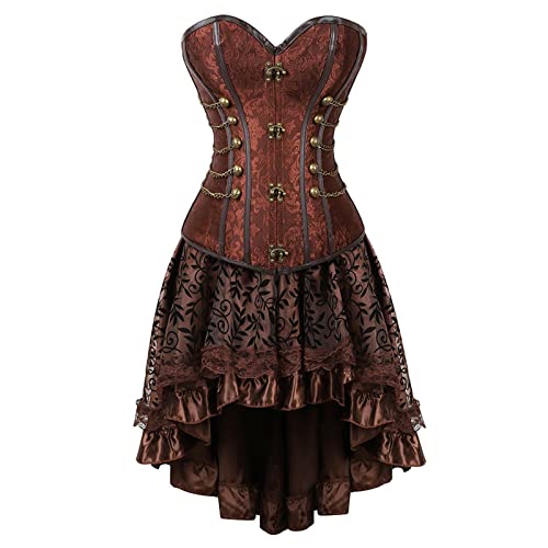 KBOPLEMQ Mittelalter Kleid Damen Steampunk Corsage Korsett mit Tüllrock Kurz Damen Korsage Kunstleder Kostüm Langes Kleider Anzug Europäisches Korsett Court Brown Shapewear Patchwork Maxikleid von KBOPLEMQ
