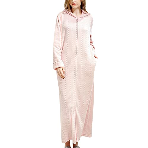 KBOPLEMQ Morgenmantel Damen Lang Einteiliges Nachthemd mit Reissverschluss Kapuze Cardigan Kimono Plüsch Flanell Microfaser Fleece Winter Pyjamas Bequeme Saunamantel Hausmantel Bathrobe Homewear von KBOPLEMQ