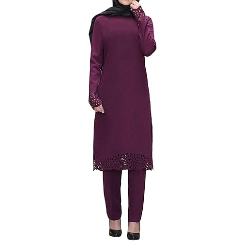 KBOPLEMQ Muslimische Kleider Damen Islamische Langarm Hollow Out Spitze Lang Top + Hose 2 Teiler Ramadan Outfit 2 Stück Islamische Kleidung Naher Osten Arabisch Gebetskleidung für Frauen von KBOPLEMQ