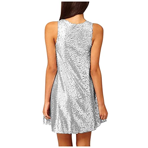 KBOPLEMQ Pailletten Kleid Damen Silber Glitzerkleid Abendkleid Clubwear Silvester Kleider Rundhals Partykleid Club Glitzer Kleid Festliches Elegant Cocktailkleid Minikleider Karneval Kostüm von KBOPLEMQ