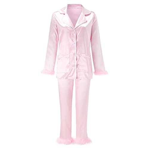 KBOPLEMQ Pyjama Satin Damen Set Sexy V-Ausschnitt Button Down Feder Hemd + Pyjama Schlafanzug Lang Elegant Nachtwäsche Zweiteilige Einfarbig Pyjama Set Zweiteiliger Sleepwear Langarm Pyjama von KBOPLEMQ