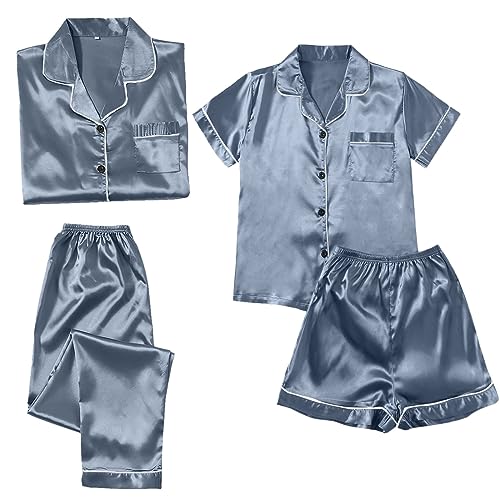 KBOPLEMQ Satin Pyjama Damen Kurz 4-Teiliges Schlafanzug Kurzarm Nachtwäsche Hemd and Shorts Set Frauen Pjs Sets Hausanzug Loungewear Homewear Set Frauen Bequeme Weich Hauseanzug Sleepwear von KBOPLEMQ