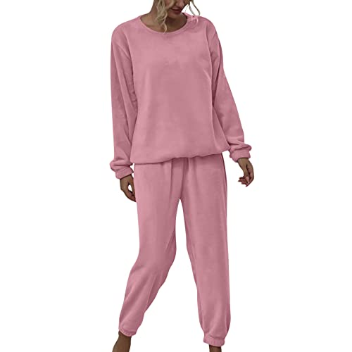 KBOPLEMQ Schlafanzug Damen Lang Schlafanzug Pyjama Fleece Hausanzug Set Flanell Pyjama Frottee Schlafanzüge Zweiteiliger Schlafanzug aus Flanell für Zuhause Loungewear 2 Teiler Damenschlafanzüge von KBOPLEMQ