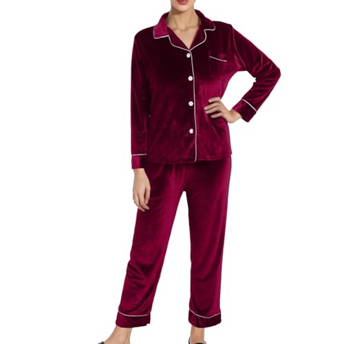 KBOPLEMQ Schlafanzug Damen Lang Warm Winter Baumwolle Fleece Set Satin Pyjama Damenschlafanzüge 2 Teiler Homewear Flauschig Mit Knopfleiste Schlafanzug Goldener Samt Plus Size Pyjama Set Loungewear von KBOPLEMQ