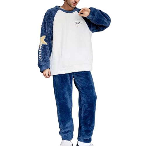 KBOPLEMQ Schlafanzug Herren Lang Flanell Hausanzug Winter Pyjama Set Langarmshirt und Schlafanzughose Set Outfit für Männer Fleece Schlafanzug Lang Warm Baumwolle Zweiteiliger Nightwear von KBOPLEMQ