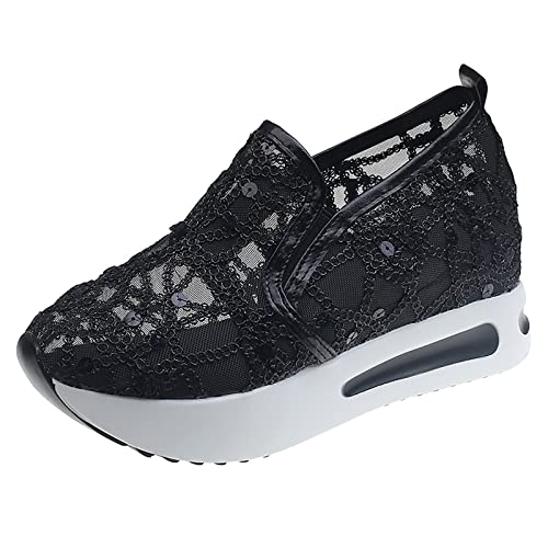 KBOPLEMQ Sneaker Damen Pailletten Keilabsatz Schuhe Atmungsaktive Ausgeschnittene Spitze Stoffschuhe Frauen Laufschuhe Sommer Outdoor Slip On Walkingschuhe Glitzer Loafers von KBOPLEMQ