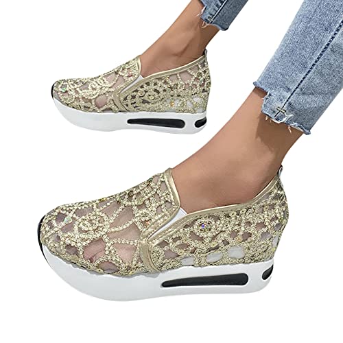 KBOPLEMQ Sneaker Damen Pailletten Keilabsatz Schuhe Atmungsaktive Ausgeschnittene Spitze Stoffschuhe Frauen Laufschuhe Sommer Outdoor Slip On Walkingschuhe Glitzer Loafers von KBOPLEMQ