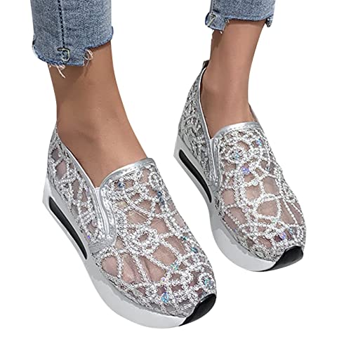 KBOPLEMQ Sneaker Damen Pailletten Keilabsatz Schuhe Atmungsaktive Ausgeschnittene Spitze Stoffschuhe Frauen Laufschuhe Sommer Outdoor Slip On Walkingschuhe Glitzer Loafers von KBOPLEMQ