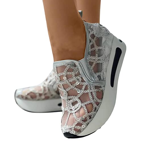 KBOPLEMQ Sneaker Damen Pailletten Keilabsatz Schuhe Atmungsaktive Ausgeschnittene Spitze Stoffschuhe Frauen Laufschuhe Sommer Outdoor Slip On Walkingschuhe Glitzer Loafers von KBOPLEMQ