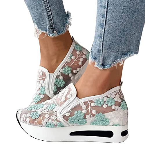 KBOPLEMQ Sneaker Damen Pailletten Keilabsatz Schuhe Atmungsaktive Ausgeschnittene Spitze Stoffschuhe Frauen Laufschuhe Sommer Outdoor Slip On Walkingschuhe Glitzer Loafers von KBOPLEMQ