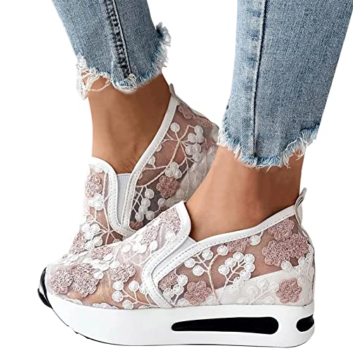 KBOPLEMQ Sneaker Damen Pailletten Keilabsatz Schuhe Atmungsaktive Ausgeschnittene Spitze Stoffschuhe Frauen Laufschuhe Sommer Outdoor Slip On Walkingschuhe Glitzer Loafers von KBOPLEMQ