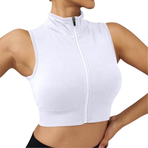KBOPLEMQ Sport Crop Top Damen Ärmellos Reißverschluss Tank Top Dünn Stehkragen Eng Oberteil Slim Fit Schnelltrocknend für Gym Fitness Workout Outdoor Sommer Tops Leichte Sporttop Casual von KBOPLEMQ