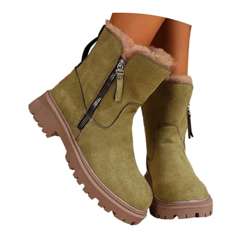 KBOPLEMQ Stiefeletten Damen Wildleder Cowboystiefel Fleece Gefüttert Winterstiefel Halbhoch Ankle Boots Winter Warm Schneestiefel mit Reißverschluss Winterschuhe rutschfest Sohle Schnürstiefel von KBOPLEMQ