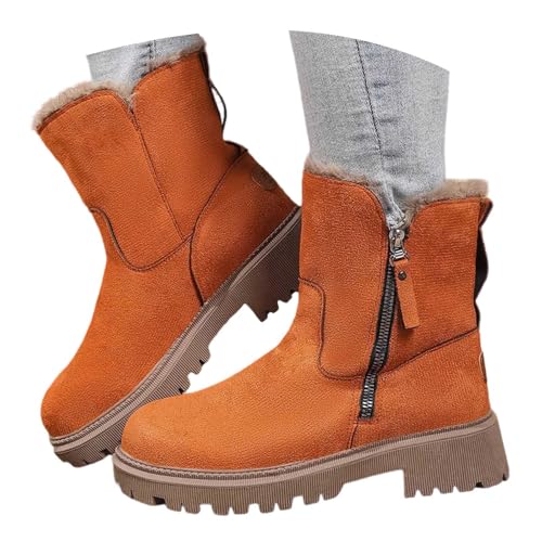 KBOPLEMQ Stiefeletten Damen Wildleder Cowboystiefel Fleece Gefüttert Winterstiefel Halbhoch Ankle Boots Winter Warm Schneestiefel mit Reißverschluss Winterschuhe rutschfest Sohle Schnürstiefel von KBOPLEMQ