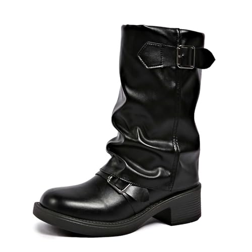 KBOPLEMQ Stiefeletten Damen Wildleder Halbstiefel Spitz Schlupfschuhe Stiefel Mit Schnalle Kurzstiefel Winterstiefel Halbhohe Absatz Ankle Boots Damenstiefel Cowboy Retro Westernstiefel von KBOPLEMQ