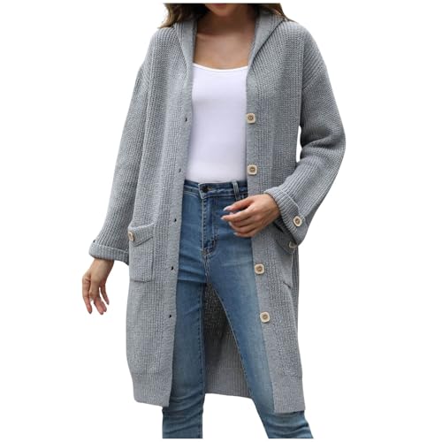 KBOPLEMQ Strickjacke Damen Leichte Lang mit Taschen und Knöpfen Langarm Dünne Casual Open Front Grobstrick Winddichte Jacke Strickjacken Einfarbige Cardigan V-Ausschnitt Elegant Strickmantel von KBOPLEMQ