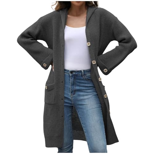 KBOPLEMQ Strickjacke Damen Leichte Lang mit Taschen und Knöpfen Langarm Dünne Casual Open Front Grobstrick Winddichte Jacke Strickjacken Einfarbige Cardigan V-Ausschnitt Elegant Strickmantel von KBOPLEMQ