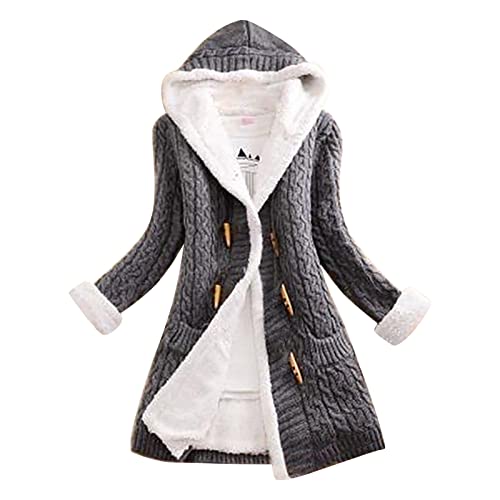 KBOPLEMQ Strickjacke Damen Pullover Lang Grobstrick Cardigan Warme Fleecejacke mit knöpfe Herbst Strickcardigan Kapuzenmantel Cardigan Lang Winter Strickjacken Plüsch Futter Strickmantel mit Kapuze von KBOPLEMQ
