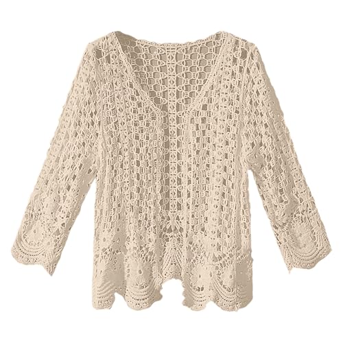 KBOPLEMQ Strickjacken Für Damen Bolero Shrug Kurze Vorne Krawatte Jacke Vorne Offen Boho Jacke Elegante Pareos Spitze Sexy Bikini Cover Up Strickjacke 3/4 Ärmel Gehäkelte Spitzenbluse Jacke von KBOPLEMQ
