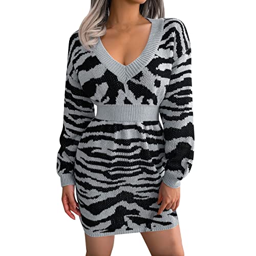 KBOPLEMQ Strickkleid Damen Langarm Rundhals Casual Langarm V-Ausschnitt Hohe Taille Leopard Kleid Cocktail Party Hochzeit Midikleid Elegant Pullover Kleid mit Laternenärmeln Freizeitkleider von KBOPLEMQ