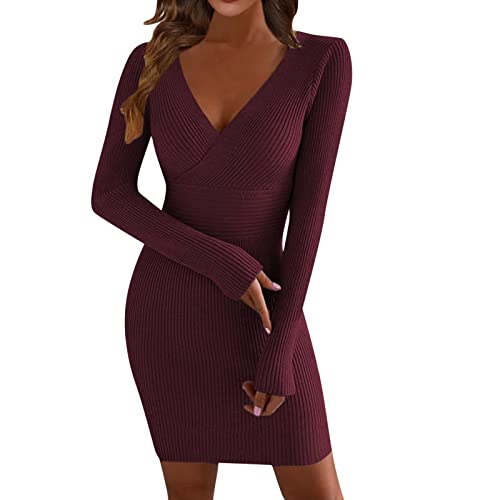 KBOPLEMQ Strickkleider Damen Elegante Sexy Pulloverkleid V-Ausschnitt Langarm Casual Bodycon Strickpullover Winterkleid Pulloverkleid Pulli Kleid Wollkleid Lang Sweater Longpullover Minikleid von KBOPLEMQ