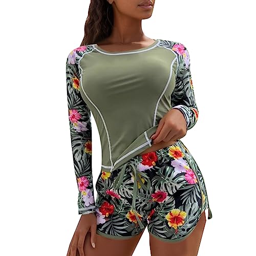 KBOPLEMQ Surfanzug Damen Zweiteilig Badeanzug Rash Guard UV Schutz Langarm Badeshirt mit Badeshorts Sportlich Bademode Strandkleidung Frauen Langarm Blume Schwimmshirt Shorts Tankini Schwimmanzug von KBOPLEMQ