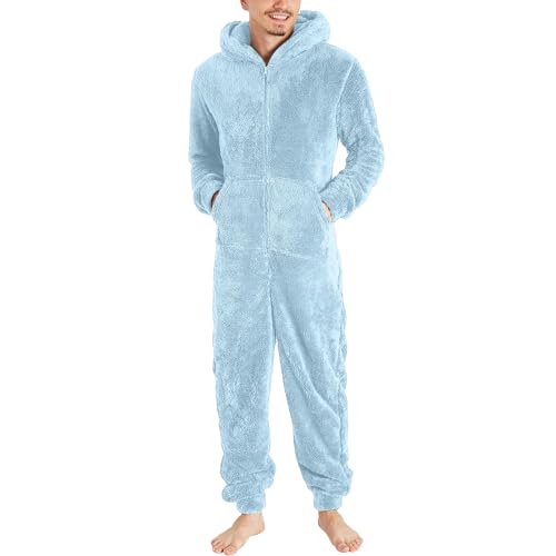 KBOPLEMQ Warmer Fleece Overall Herren Kuschelig Jumpsuit Plüsch Schlafanzug Flauschig Lang Schlafoverall mit Kapuze & Reißverschluss Winter Warme Einteiler Onesie Langarm Pyjama von KBOPLEMQ