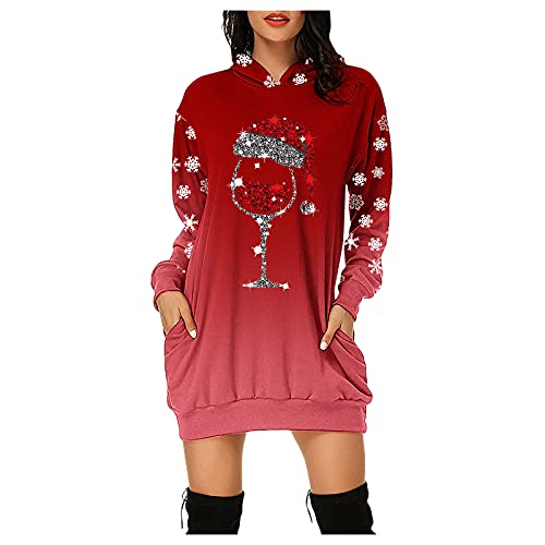 KBOPLEMQ Weihnachtskleid Damen, Merry Christmas Hoodie Kleid Weihnachtspullover mit Rotweinglasdruck Weihnachts Kapuzenpullover Weihnachtspulli Sweater Weihnachtskleidung Sweatkleid Mädchen von KBOPLEMQ