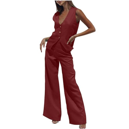 KBOPLEMQ Weste und Hose für Damen mit V-Ausschnitt Hosenanzug Damen Zweiteiliger Anzug Set Elegant V-Ausschnitt Ärmellos Blazer Weste und Hose 2 Stück Leinen Outfit Sets Streetwear von KBOPLEMQ