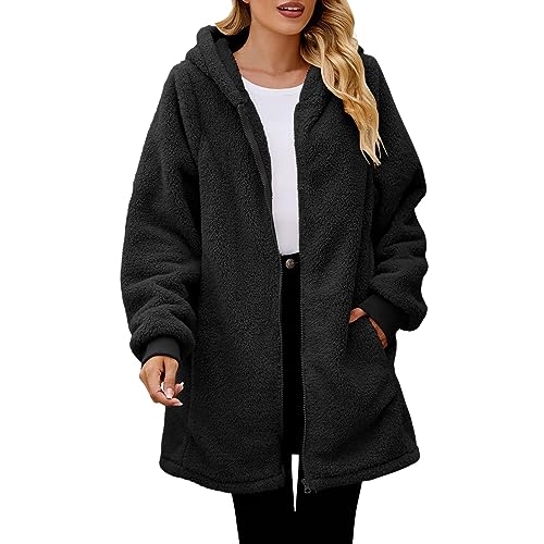 KBOPLEMQ Winterjacke Damen Lang Mantel Plüschjacke Hoodie Jacke Oversize Wintermantel Kurzmantel Warm Cardigan Kapuzenjacke mit Taschen Teddy-Fleece Warm Sweatjacke Fellmantel Outdoor Windjacke von KBOPLEMQ