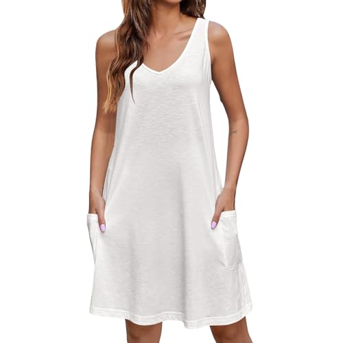 Kleider Damen Frühling Sommerkleid Strandkleid Frauen Rundhals Tank Kleider Kurz A-Linie Freizeitkleider mit Taschen Ärmellos Midi Kleid Einfarbige Leich Sommerkleid von KBOPLEMQ