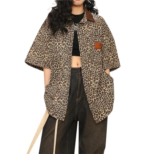Lange Hemd Leopardenmuster Damen Oversized Kurzarm Leo Bluse Shirt Hemdbluse Y2K Retro Cardigan Streetwear Einfarbig Lose Lang Hemd Tops Bequeme Übergröße Hemdjacke Longbluse Oberteil von KBOPLEMQ