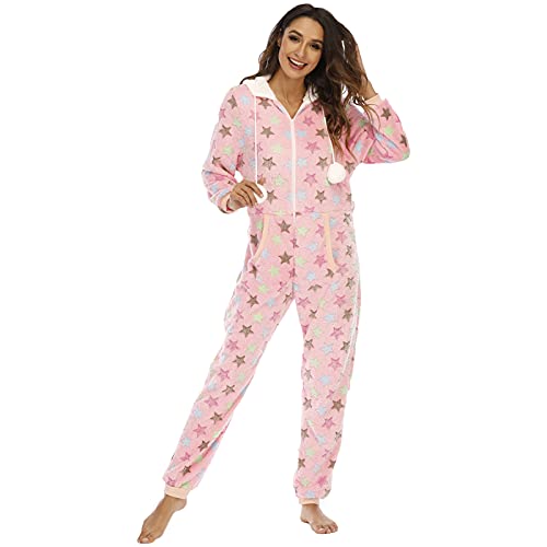 Schlafanzug Onesie Damen mit Füßen Damen Warm Fleece Einteiler Kapuze Fuß Pyjama Erwachsene Onesie mit Kapuze Winter Schlafanzug Einteiler Hausanzug Strampler Warmer Schlafoveralls von KBOPLEMQ