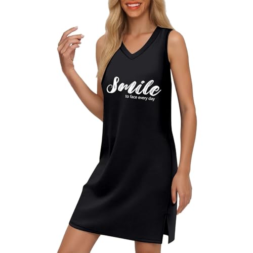 Sommerkleid Damen Elegant Leicht Luftig Strandkleid Lang Lässig Ärmellos V-Ausschnitt Swing Kleid Lockeres Mode Drucken Madikleid Casual Tunika Kleid Boho Freizeitkleid für Damen von KBOPLEMQ