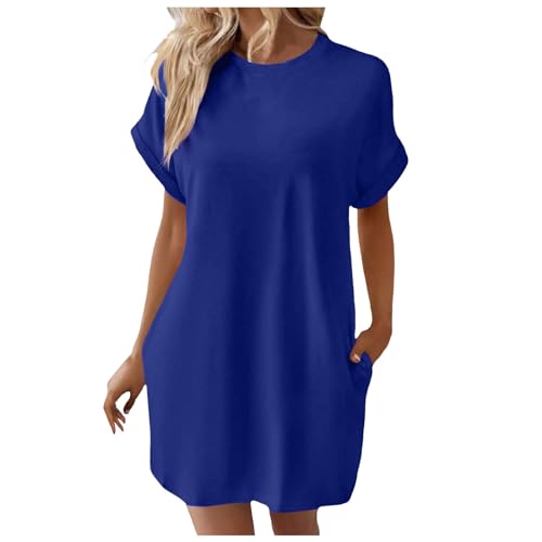 Sommerkleid Damen Knielang T-Shirt Kleid Lässiges Lockeres Blusenkleid Baumwolle Leinen Einfarbige Vintage Kleider Freizeitkleid Shirtkleid Rundhals Langes Shirt Kurzarm Tunika Kleid von KBOPLEMQ