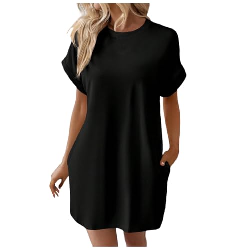 Sommerkleid Damen Knielang T-Shirt Kleid Lässiges Lockeres Blusenkleid Baumwolle Leinen Einfarbige Vintage Kleider Freizeitkleid Shirtkleid Rundhals Langes Shirt Kurzarm Tunika Kleid von KBOPLEMQ