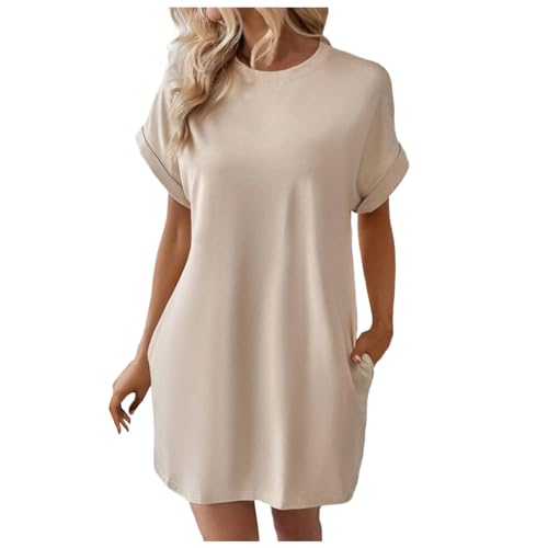 Sommerkleid Damen Knielang T-Shirt Kleid Lässiges Lockeres Blusenkleid Baumwolle Leinen Einfarbige Vintage Kleider Freizeitkleid Shirtkleid Rundhals Langes Shirt Kurzarm Tunika Kleid von KBOPLEMQ
