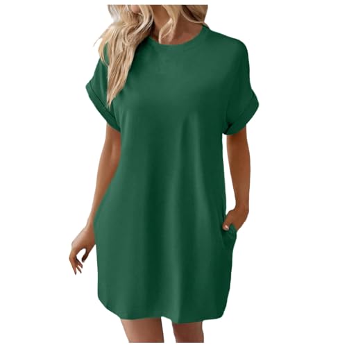 Sommerkleid Damen Knielang T-Shirt Kleid Lässiges Lockeres Blusenkleid Baumwolle Leinen Einfarbige Vintage Kleider Freizeitkleid Shirtkleid Rundhals Langes Shirt Kurzarm Tunika Kleid von KBOPLEMQ