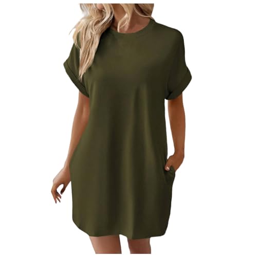 Sommerkleid Damen Knielang T-Shirt Kleid Lässiges Lockeres Blusenkleid Baumwolle Leinen Einfarbige Vintage Kleider Freizeitkleid Shirtkleid Rundhals Langes Shirt Kurzarm Tunika Kleid von KBOPLEMQ