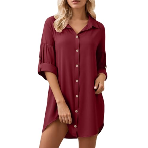 Sommerkleid Damen Knielang T-Shirt Kleid Lässiges Lockeres Blusenkleid Baumwolle Leinen Einfarbige Vintage Kleider Freizeitkleid Shirtkleid Rundhals Langes Shirt Kurzarm Tunika Kleid von KBOPLEMQ