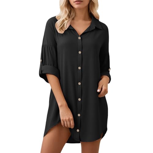 Sommerkleid Damen Knielang T-Shirt Kleid Lässiges Lockeres Blusenkleid Baumwolle Leinen Einfarbige Vintage Kleider Freizeitkleid Shirtkleid Rundhals Langes Shirt Kurzarm Tunika Kleid von KBOPLEMQ