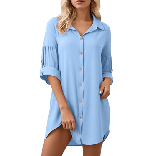 Sommerkleid Damen Knielang T-Shirt Kleid Lässiges Lockeres Blusenkleid Baumwolle Leinen Einfarbige Vintage Kleider Freizeitkleid Shirtkleid Rundhals Langes Shirt Kurzarm Tunika Kleid von KBOPLEMQ