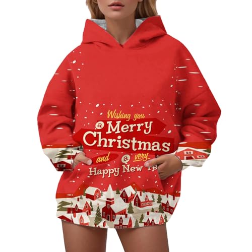 Weihnachten Hoodie Damen Weihnachtspullover Oversize Weihnachts Sweatshirt mit Kängurutasche 3D Geschenk Schleife Drucken Kapuzenpullover Langarmshirt Winter Festlich Christmas Hoodie von KBOPLEMQ