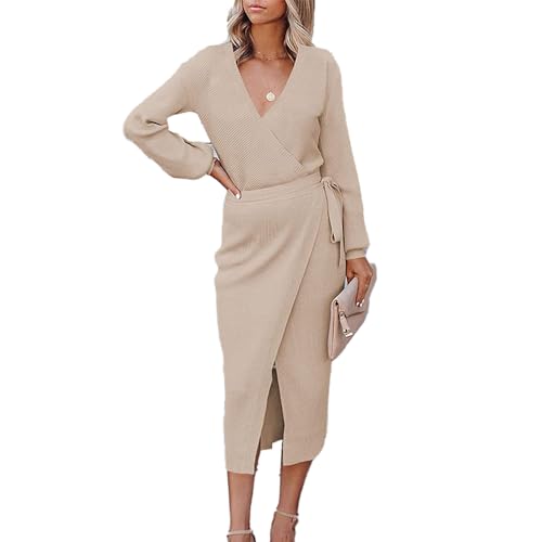 Damen Langarm Kleid Elegant Business Bodycon Kleid Langarm Commuter Kleider Lange Ärmel Mode Strickkleid Slim-Fit Bürokleid Lässig Businesskleidung Abendkleider (Khaki XL) von KBRPEY