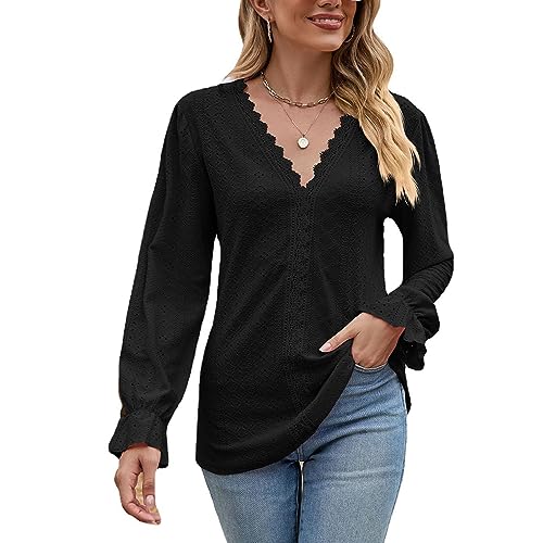 Damen Langarmshirt Langen Ärmeln Elegant Spitzen Damen Tshirt Elegante Bluse V-Ausschnitt Damen Oberteil Top Damen Tunika T-Shirt (Schwarz L) von KBRPEY