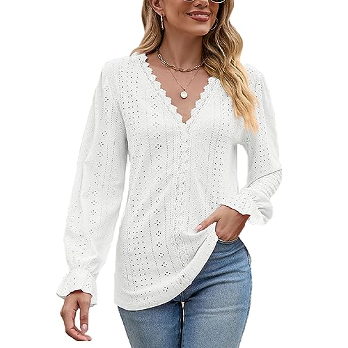 Damen Langarmshirt Langen Ärmeln Elegant Spitzen Damen Tshirt Elegante Bluse V-Ausschnitt Damen Oberteil Top Damen Tunika T-Shirt (Weiß L) von KBRPEY